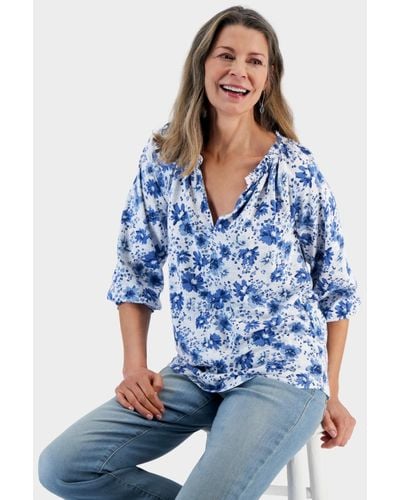 Style & Co. Petite Wind Garden Gathered Knit Blouse - Blue