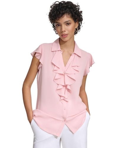Calvin Klein Petite Cap-sleeve Ruffle-front Blouse - Pink