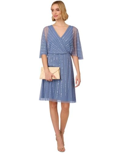 Adrianna Papell Bead Embellished Flutter-sleeve A-line Dress - Blue