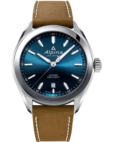 Alpina Swiss Alpiner Brown Leather Strap Watch 42mm - Blue