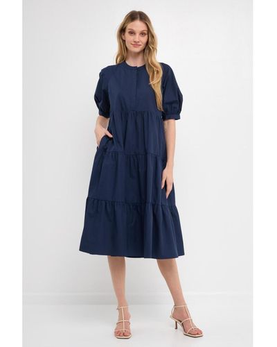 English Factory Short Puff Sleeve Midi Dress - Blue