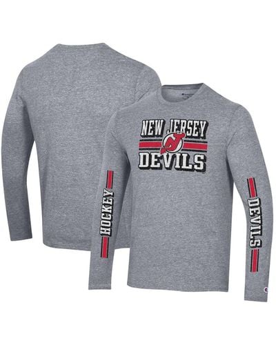 Champion Distressed New Jersey Devils Tri-blend Dual-stripe Long Sleeve T-shirt - Gray