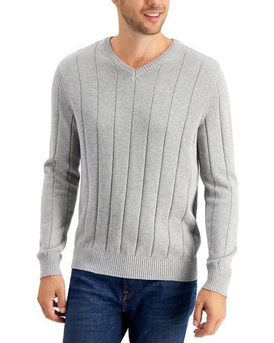 Club Room Drop-needle V-neck Cotton Sweater - Gray
