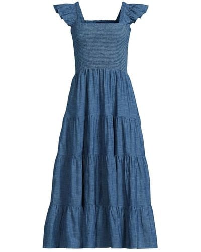 Lands' End Chambray Smocked Dress - Blue