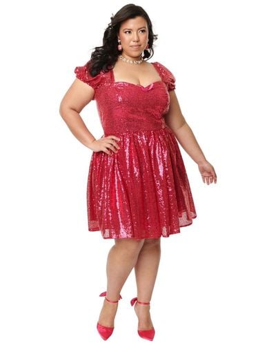 Unique Vintage Plus Size Woven Convertible Puff Sleeve Sweetheart Fit & Flare Dress - Red