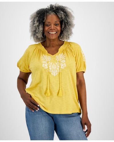 Style & Co. Plus Size Embroidered Peasant Top - Yellow