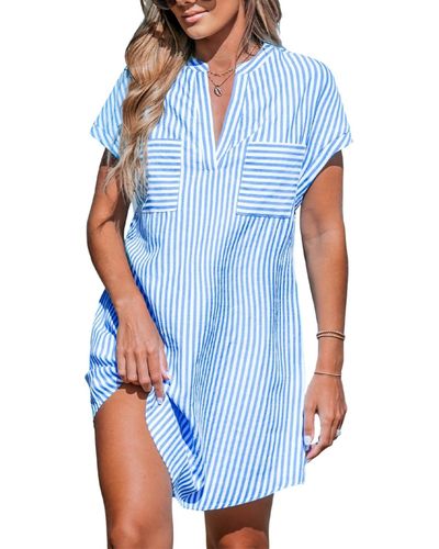 CUPSHE Blue & Irregular Stripe Dolman Sleeve Mini Beach Dress