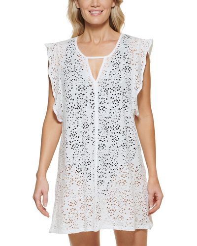 Tommy Hilfiger Eyelet Flutter-sleeve Swim Cover-up - White