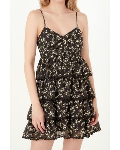 Free the Roses Floral Printed Tiered Mini Dress - Black