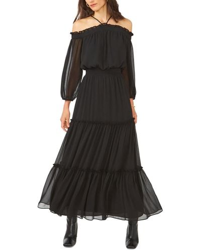 1.STATE Smocked Waist Halter Long Sleeve Maxi Dress - Black