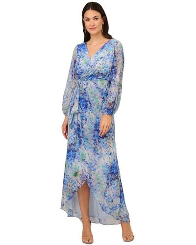 Adrianna Papell Abstract Floral Chiffon Gown - Blue