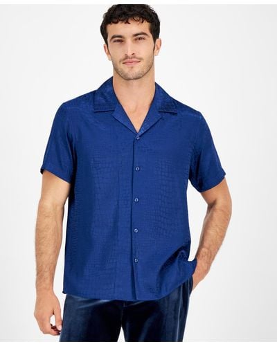 INC International Concepts Snake Skin Shirt Sleeve Button-front Satin Shirt - Blue