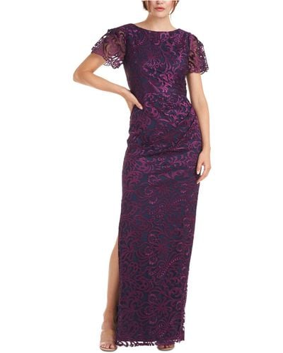 JS Collections Flutter-sleeve Embroidered Gown - Purple