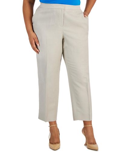 Kasper Plus Size Mid Rise Linen-blend Straight-leg Fly-front Pants - Gray