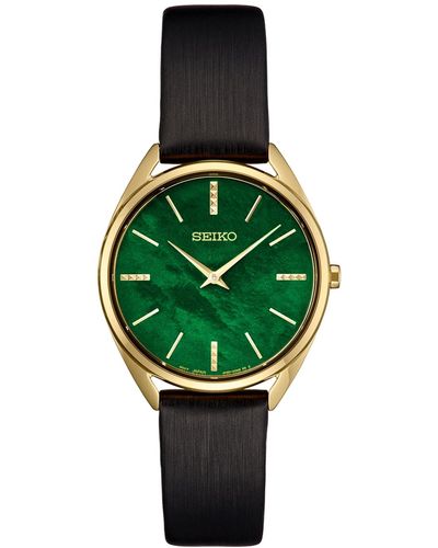 Seiko Essentials Black Leather Strap Watch 32mm - Green