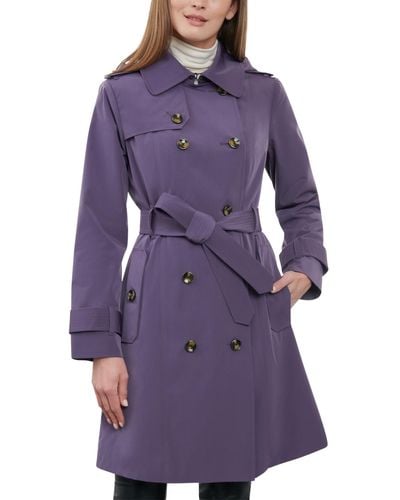 London Fog 38" Double-breasted Hooded Trench Coat - Purple