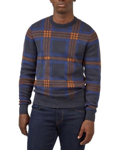 Ben Sherman Jacquard Check Pullover Crewneck Embroidered Sweater - Blue