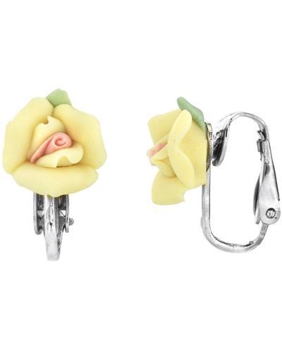 2028 Silver Tone Porcelain Rose Clip Earrings - Yellow