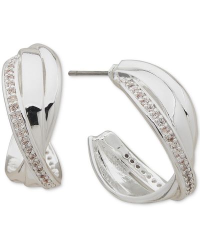 Anne Klein Silver-tone Small Pave Crossover C-hoop Earrings - Metallic