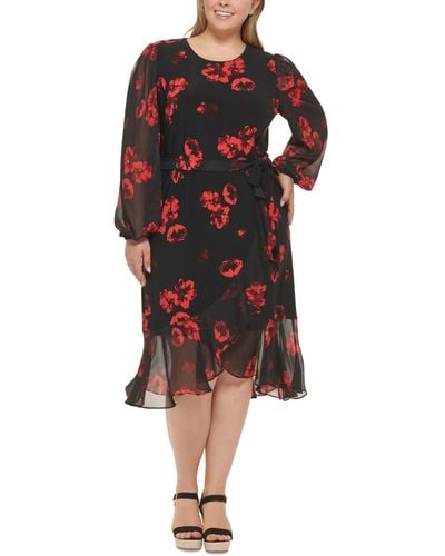 Tommy Hilfiger Plus Size Floral Chiffon Flounce-hem Dress - Red
