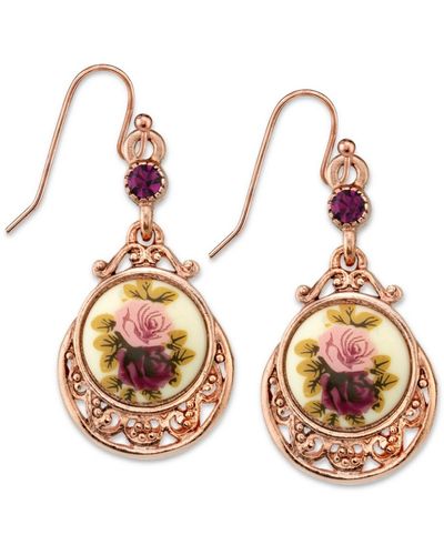 2028 Rose Gold Tone Purple Crystal Flower Drop Earrings - Metallic