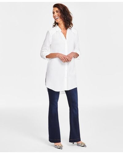 INC International Concepts Roll-tab Button-down Long Blouse - White