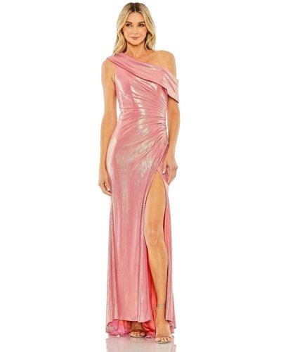 Mac Duggal Ieena One Shoulder Ruched Waist Slit Metallic Gown - Pink