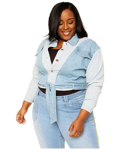 Poetic Justice Plus Size Curvy Fit Belted Dual Shade Denim Trucker Jacket - Blue