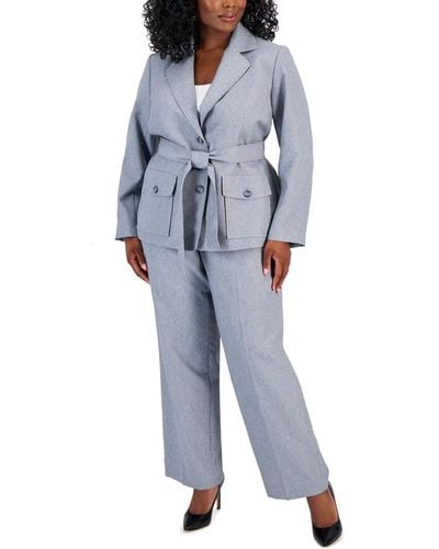 Le Suit Plus Size Belted Safari Jacket Pantsuit - Blue