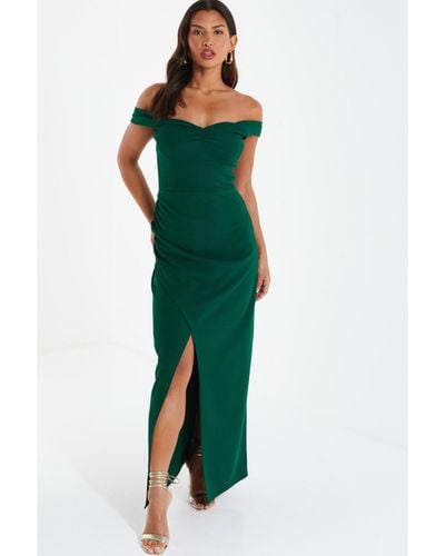 Quiz Ruched Bardot Wrap Maxi Dress - Green