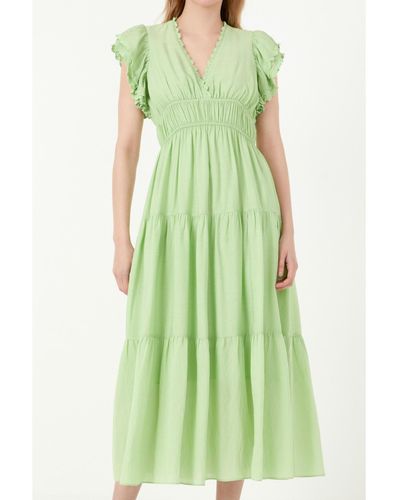 Free the Roses Lace Trim Detail Tiered Midi Dress - Green