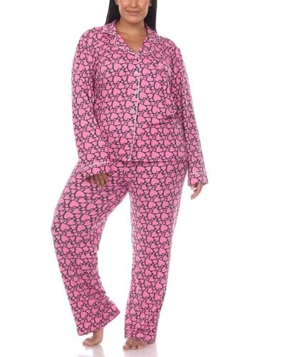 White Mark Plus Size 2 Piece Long Sleeve Heart Print Pajama Set - Pink