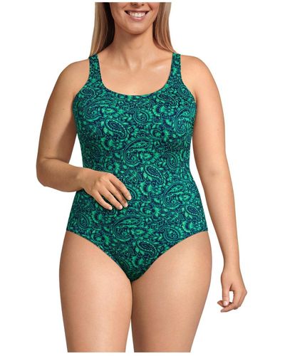 Lands' End Plus Size Chlorine Resistant High Leg Soft Cup Tugless Sporty One Piece Swimsuit - Blue