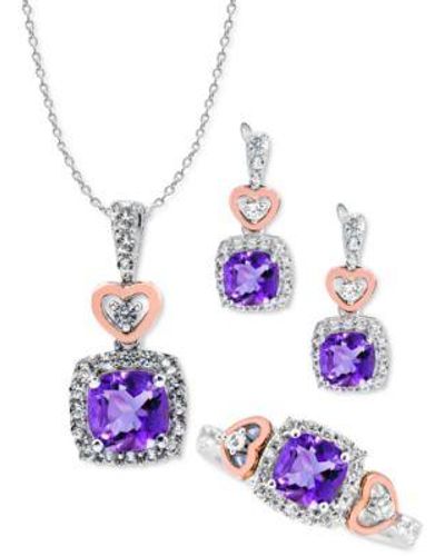 Macy's Amethyst White Topaz Heart Jewelry Collection In Sterling Silver 14k Rose Gold Plate - Purple