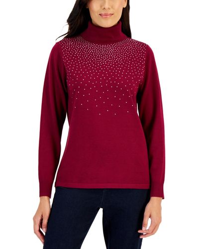 Karen Scott Embellished Turtleneck Sweater - Red