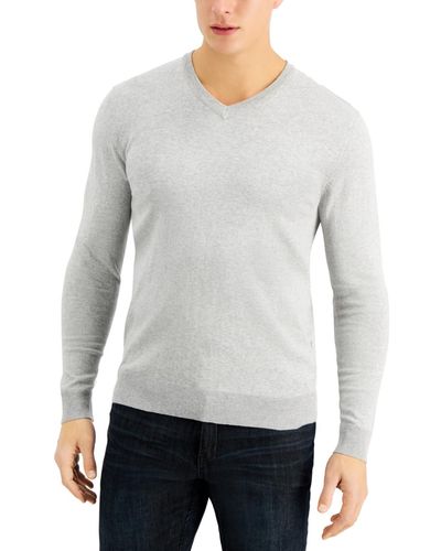 Alfani Solid V-neck Cotton Sweater - Gray