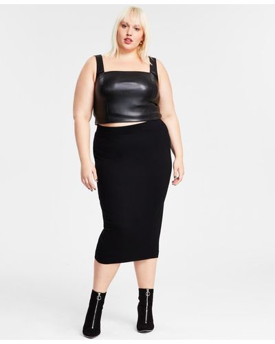 BarIII Trendy Plus Size Bodycon Jersey Midi Skirt - Black