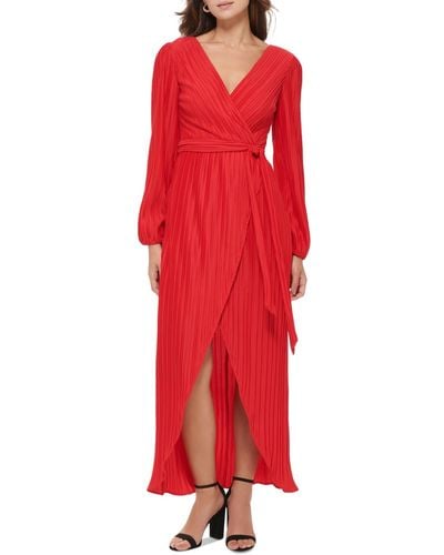 Guess Pleated Woven Faux-wrap V-neck Maxi Dress - Red