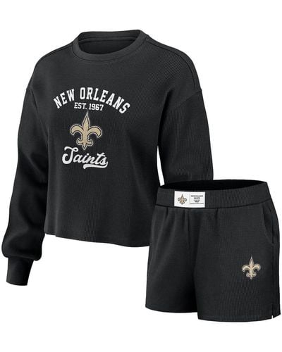 WEAR by Erin Andrews Distressed New Orleans Saints Waffle Knit Long Sleeve T-shirt And Shorts Lounge Set - Black