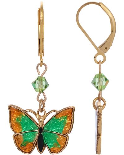 2028 Gold-tone Drop Green And Yellow Butterfly Earrings - White