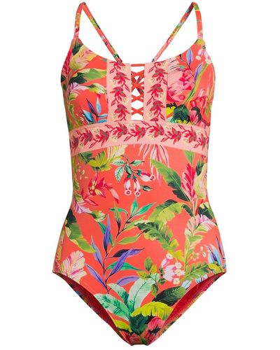 Lands' End Chlorine Resistant Lace Up One Piece Swimsuit - Red