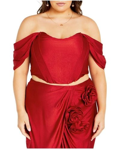 City Chic Plus Size Fleur Off Shoulder Fitted Corset - Red