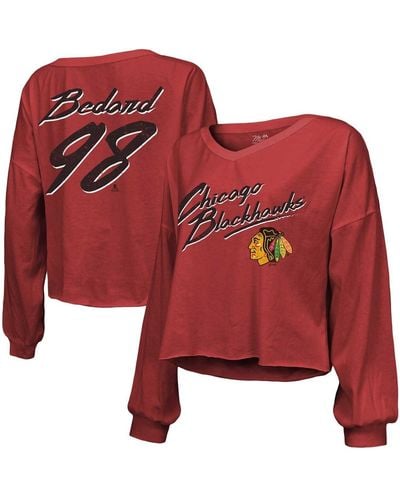 Majestic Threads Connor Bedard Distressed Chicago Blackhawks Off-shoulder Name And Number Long Sleeve Cropped V-neck T-shirt - Red