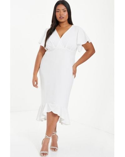 Quiz Plus Size V-neck Frill Hem Midi Dress - White