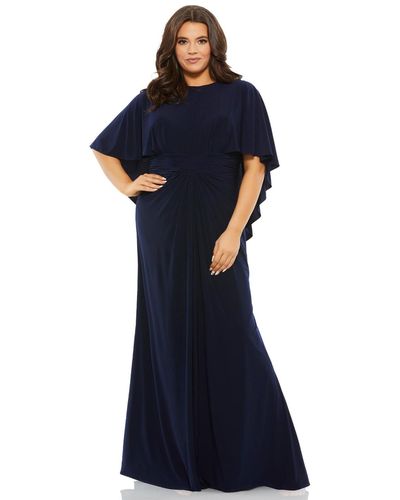 Mac Duggal Plus Size Jersey Cape Sleeve A Line Gown - Blue