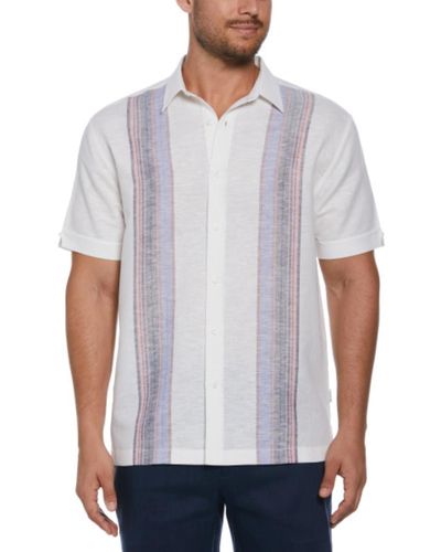 Cubavera Short Sleeve Button Front Linen Blend Yarn-dyed Panel Shirt - White