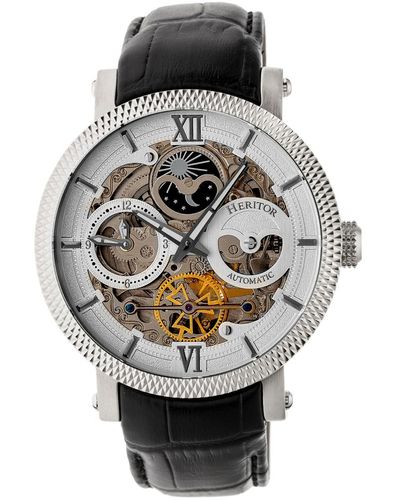 Heritor Automatic Aries Silver Leather Watches 43mm - Black