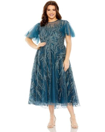 Mac Duggal Plus Size High Neck Flutter Sleeve A Line Embellished Dress - Blue