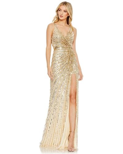 Mac Duggal Sequined Faux Wrap Sleeveless Gown - Metallic