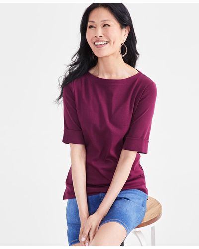 Style & Co. Boat-neck Elbow Sleeve Cotton Top - Purple